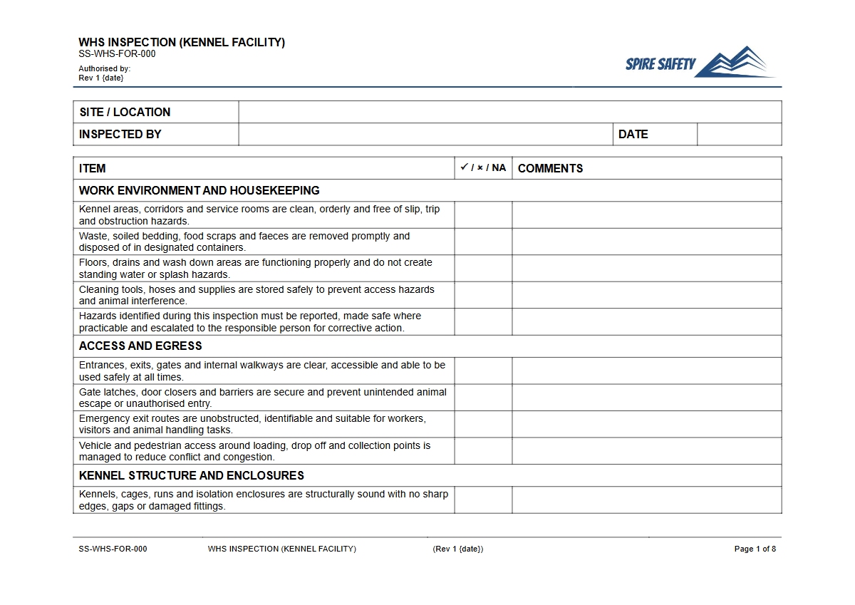 Free WHS Inspection (Kennel Facility) Template — document preview