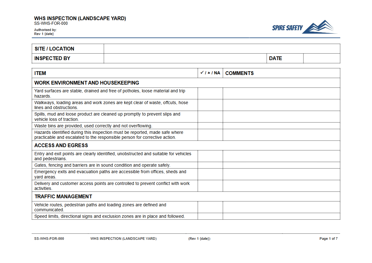 Free WHS Inspection (Landscape Yard) Template — document preview