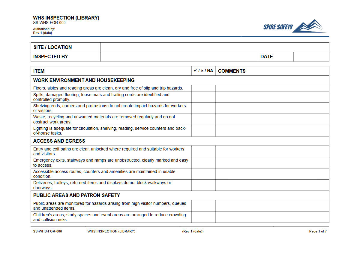 Free WHS Inspection (Library) Template — document preview