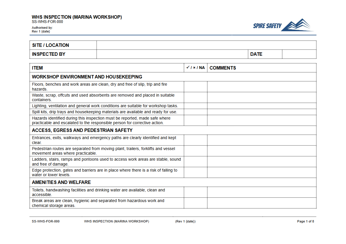 Free WHS Inspection (Marina Workshop) Template — document preview
