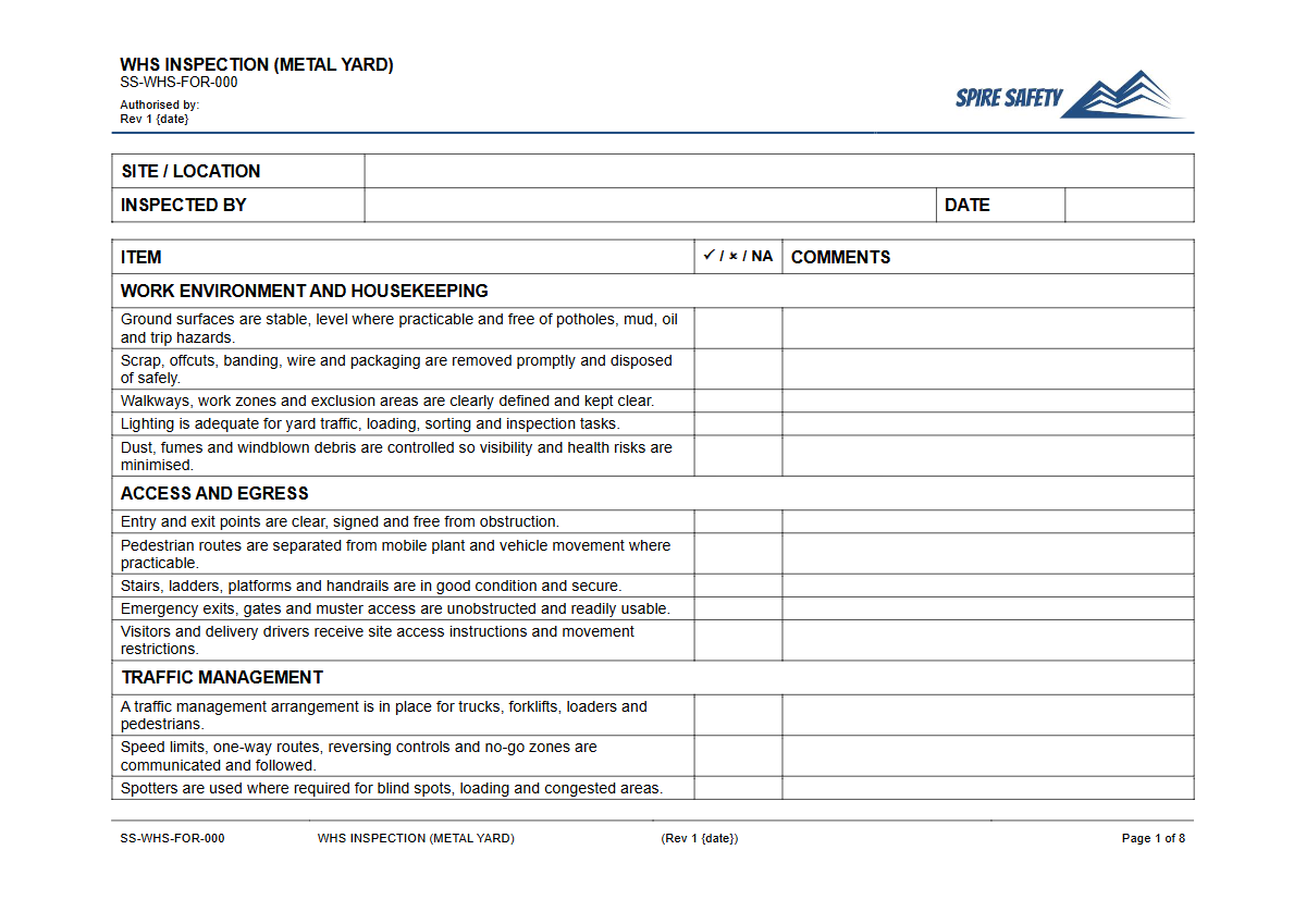 Free WHS Inspection (Metal Yard) Template — document preview