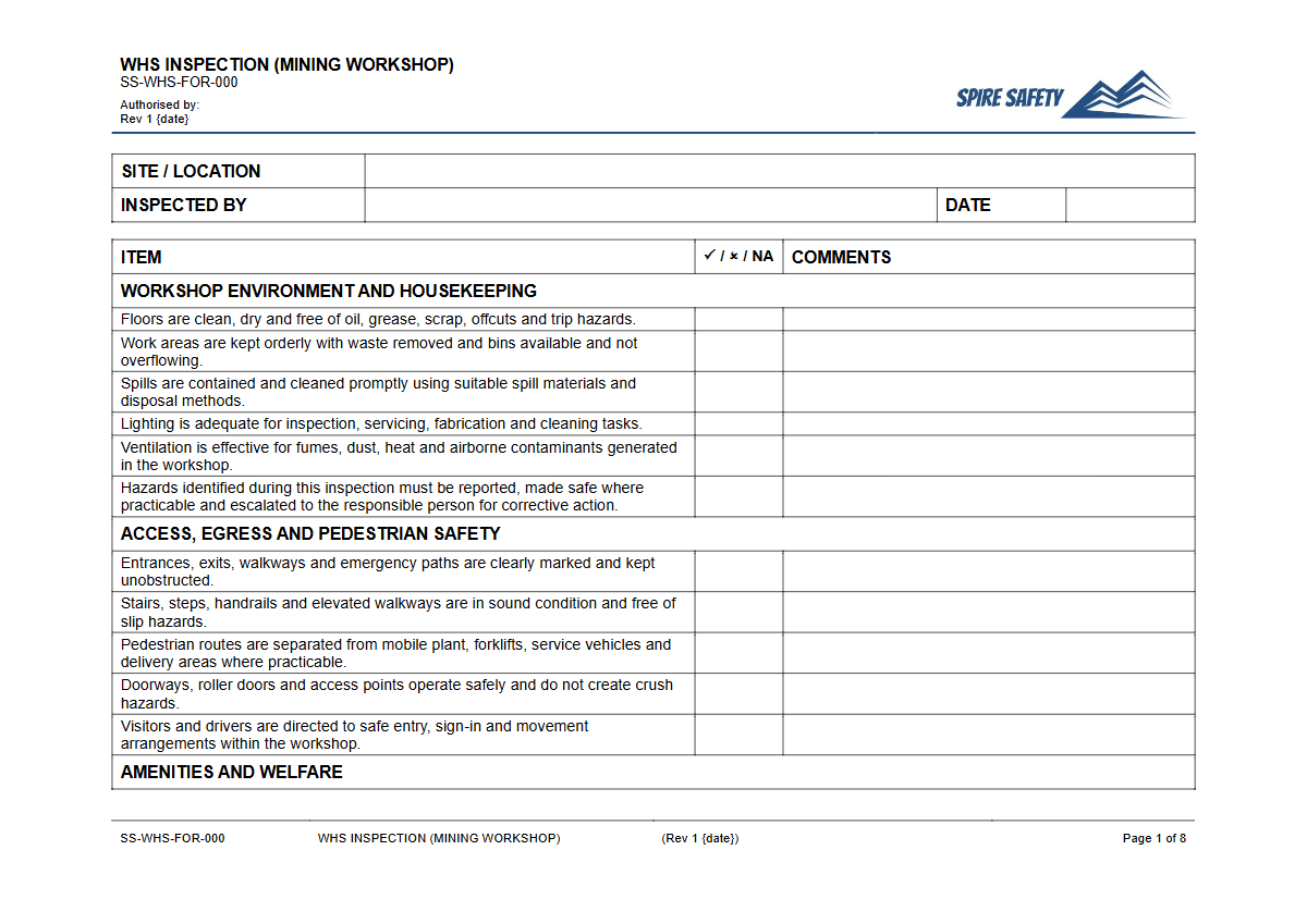 Free WHS Inspection (Mining Workshop) Template — document preview