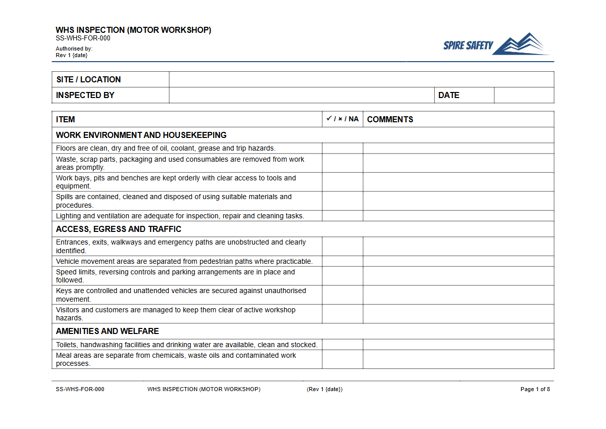 Free WHS Inspection (Motor Workshop) Template — document preview