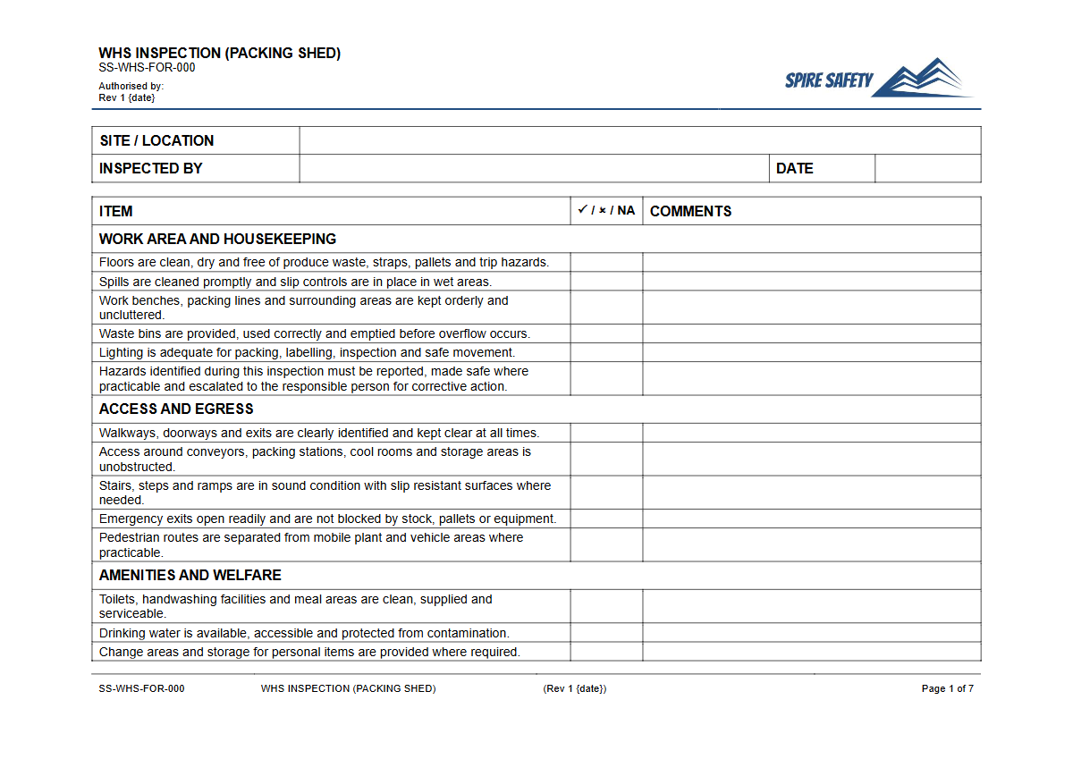 Free WHS Inspection (Packing Shed) Template — document preview