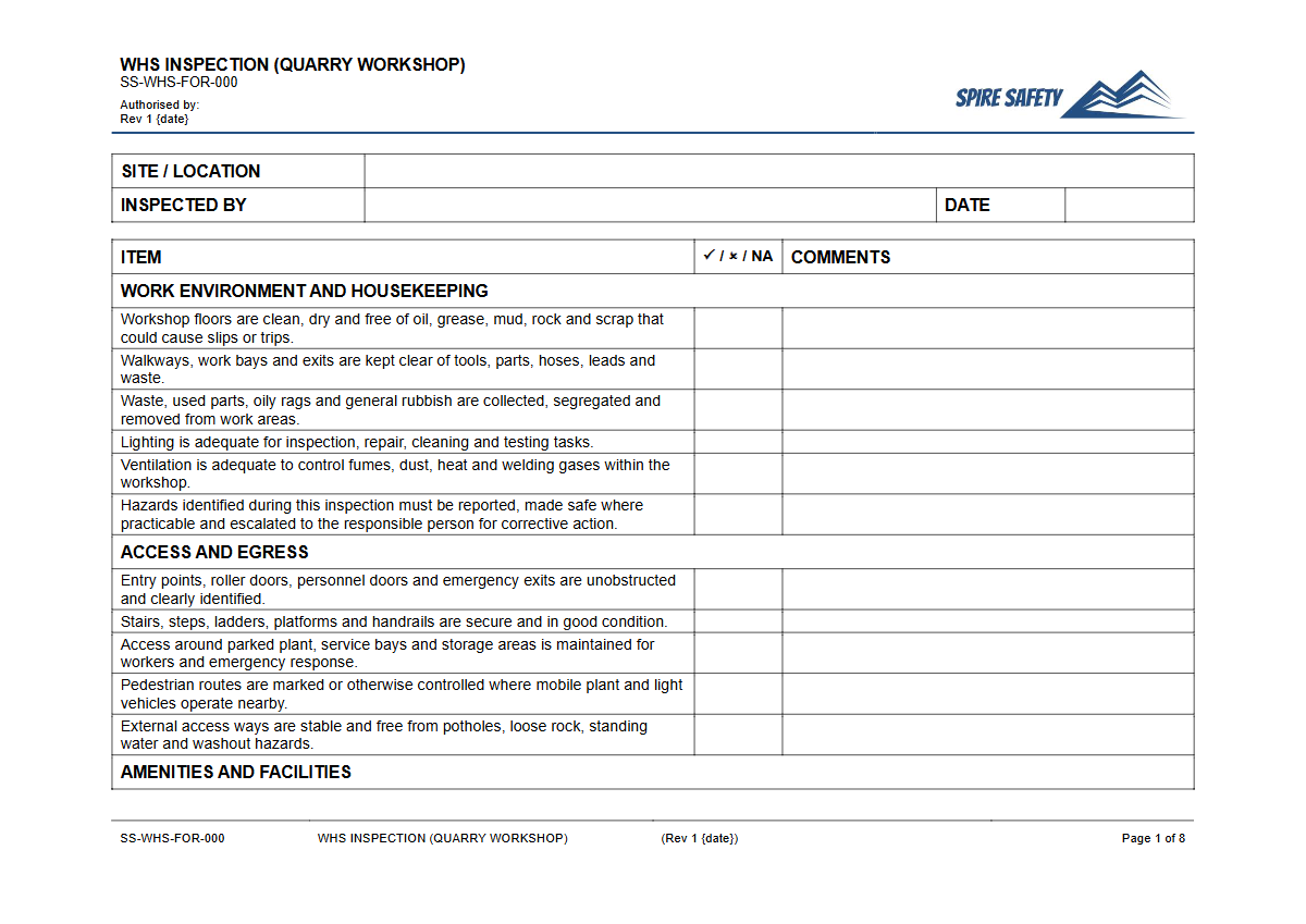 Free WHS Inspection (Quarry Workshop) Template — document preview