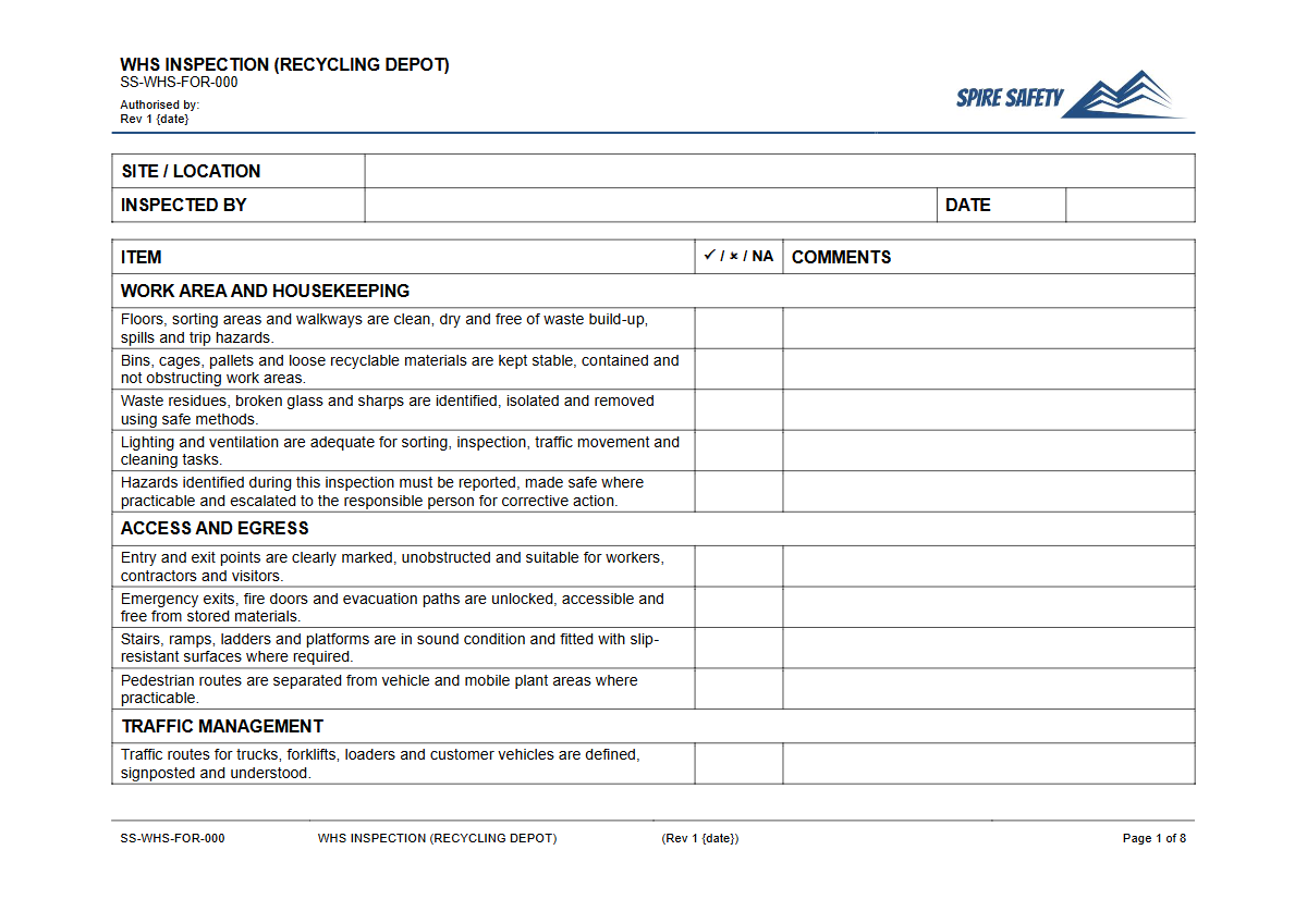 Free WHS Inspection (Recycling Depot) Template — document preview