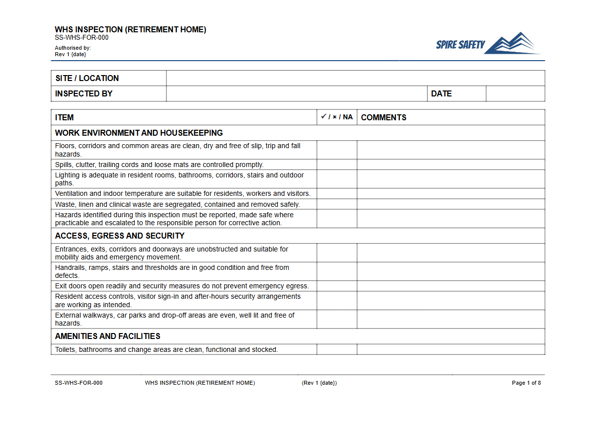 Free WHS Inspection (Retirement Home) Template — document preview