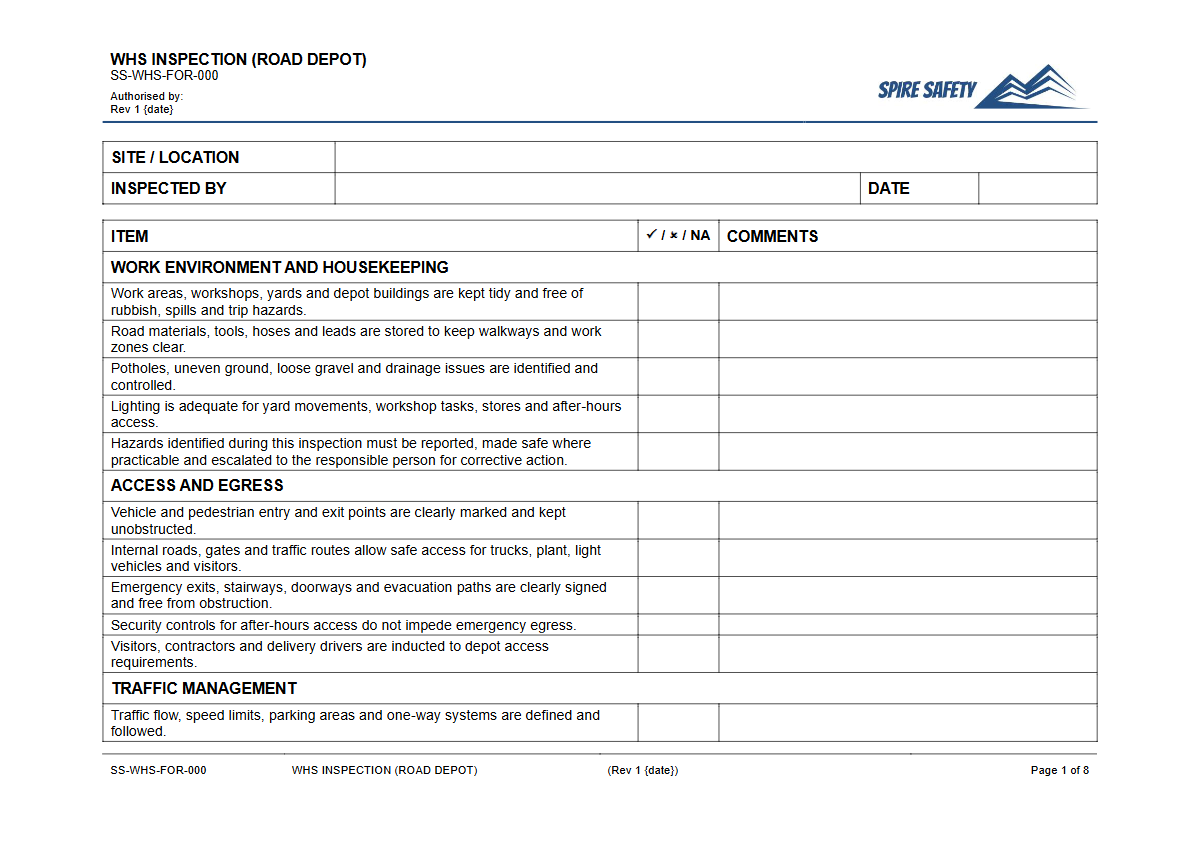 Free WHS Inspection (Road Depot) Template — document preview