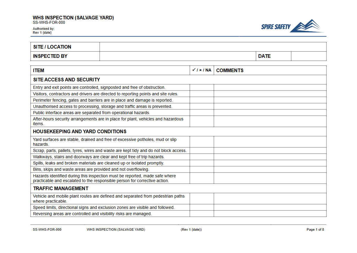 Free WHS Inspection (Salvage Yard) Template — document preview