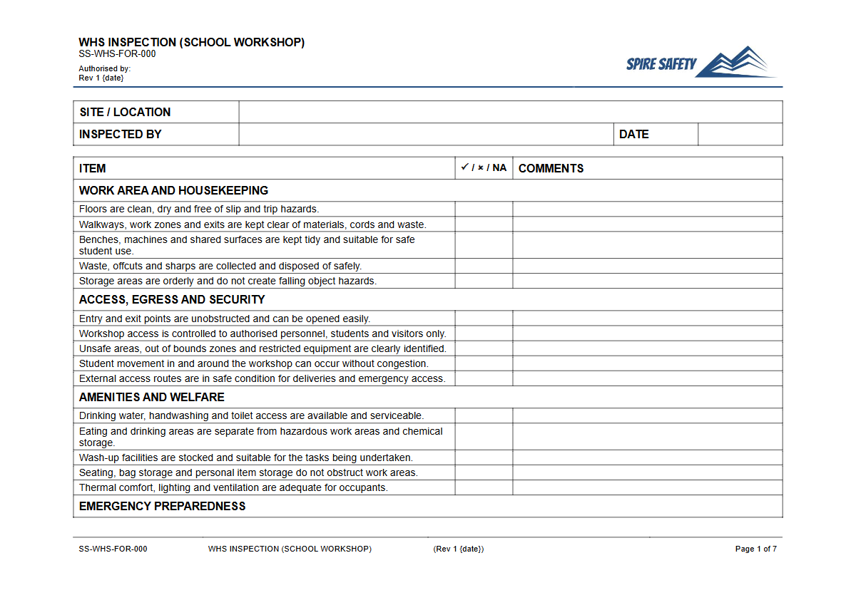 Free WHS Inspection (School Workshop) Template — document preview