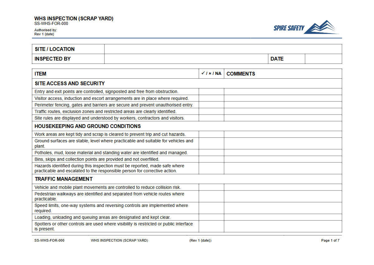 Free WHS Inspection (Scrap Yard) Template — document preview