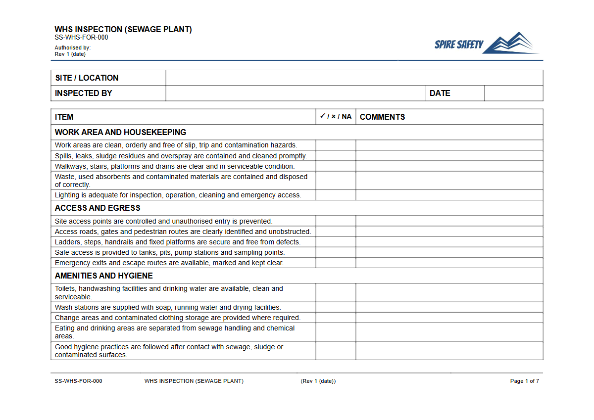 Free WHS Inspection (Sewage Plant) Template — document preview