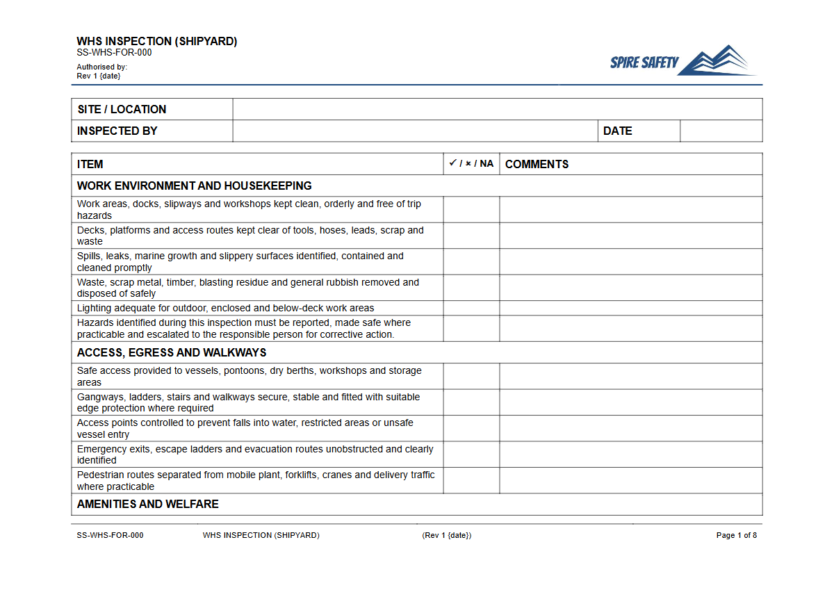 Free WHS Inspection (Shipyard) Template — document preview