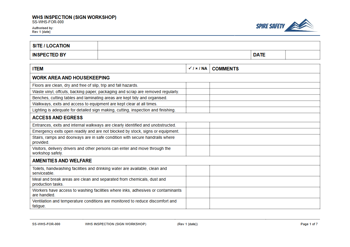 Free WHS Inspection (Sign Workshop) Template — document preview