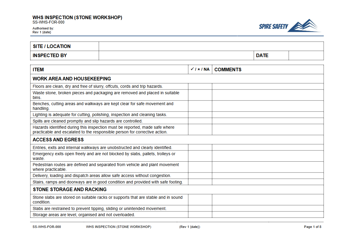 Free WHS Inspection (Stone Workshop) Template — document preview