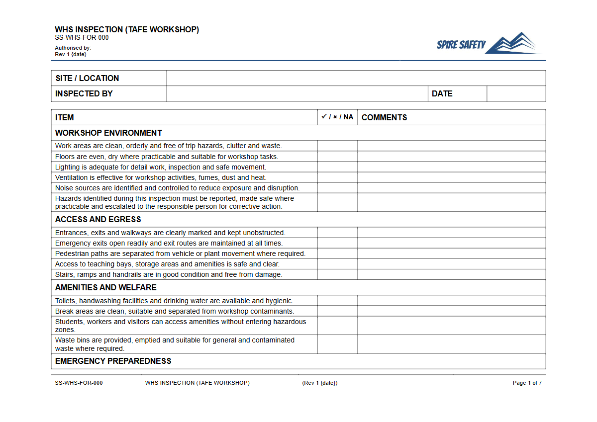 Free WHS Inspection (TAFE Workshop) Template — document preview