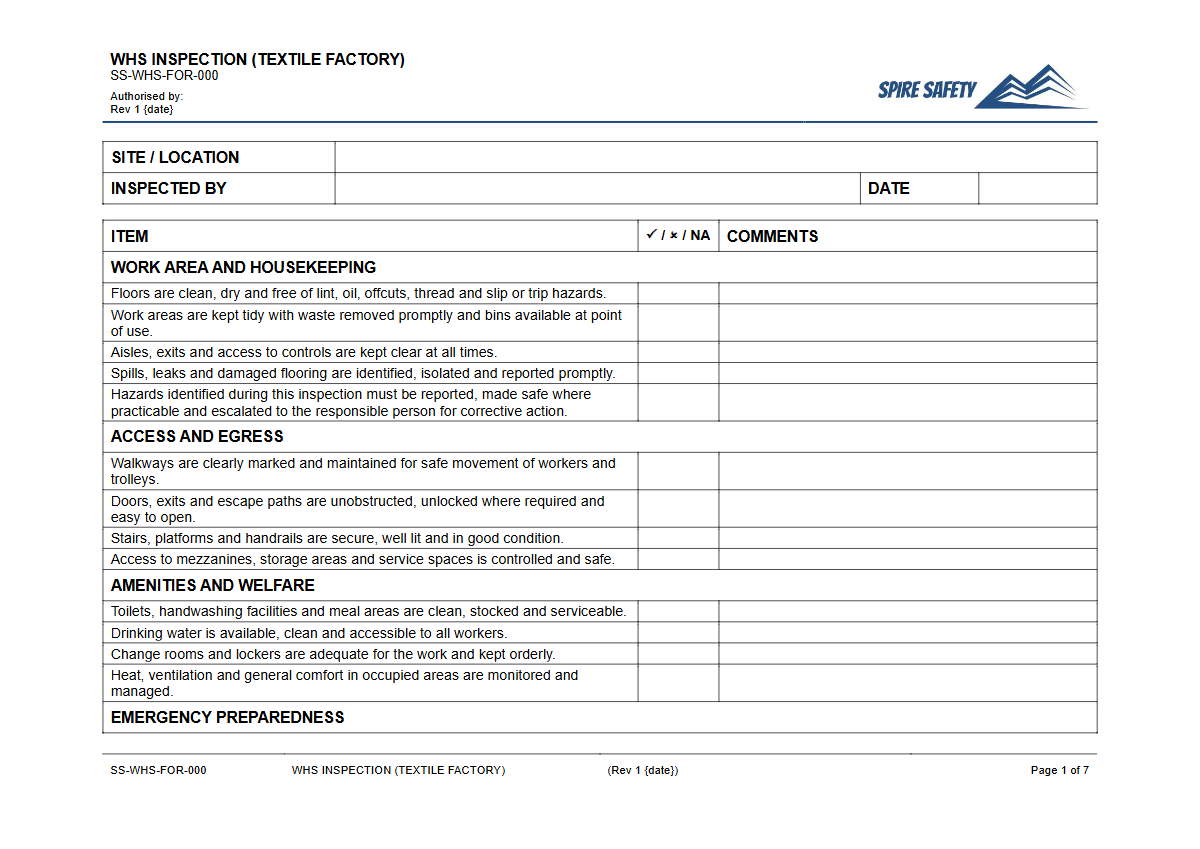 Free WHS Inspection (Textile Factory) Template — document preview