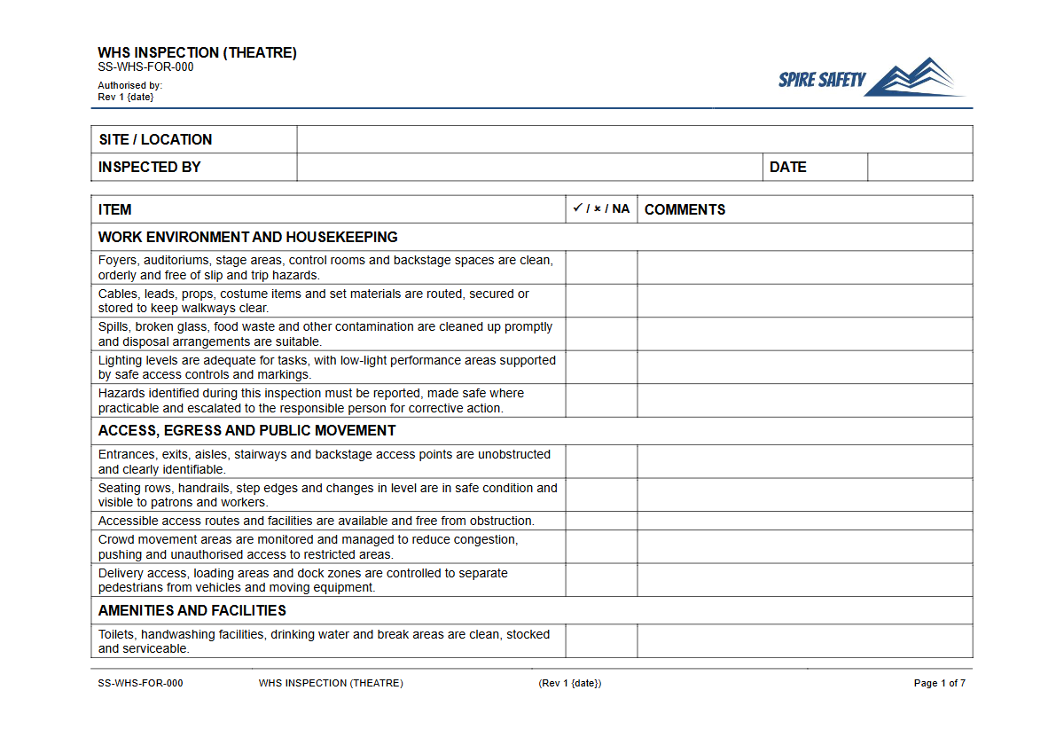 Free WHS Inspection (Theatre) Template — document preview