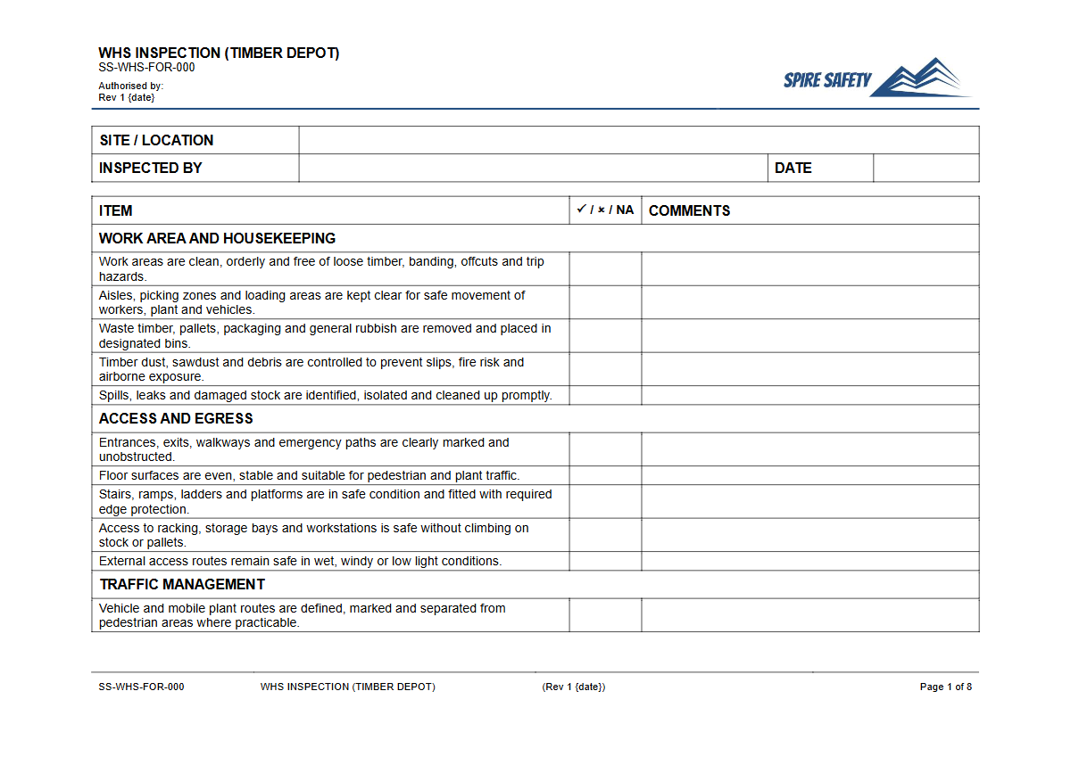 Free WHS Inspection (Timber Depot) Template — document preview