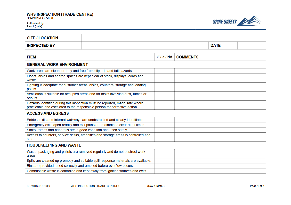 Free WHS Inspection (Trade Centre) Template — document preview