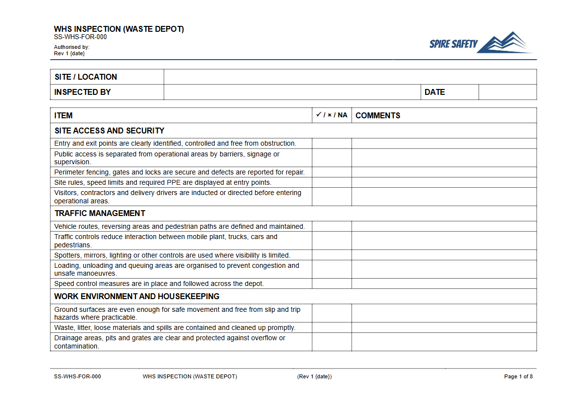 Free WHS Inspection (Waste Depot) Template — document preview