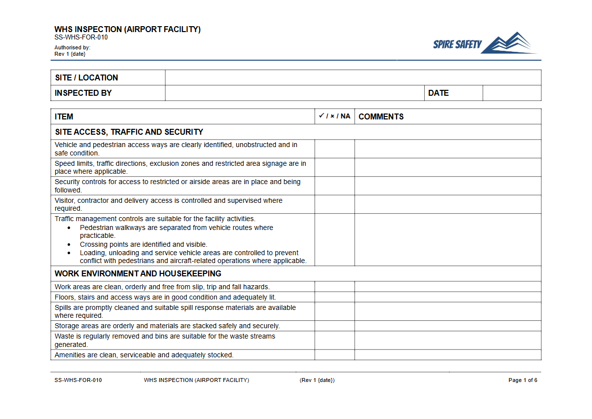 Free WHS Inspection (Airport Facility) Template — document preview