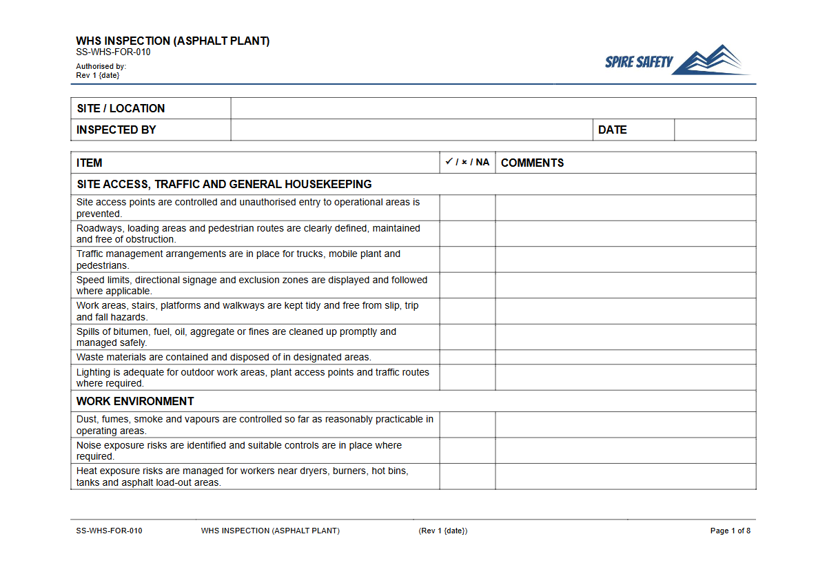 Free WHS Inspection (Asphalt Plant) Template — document preview