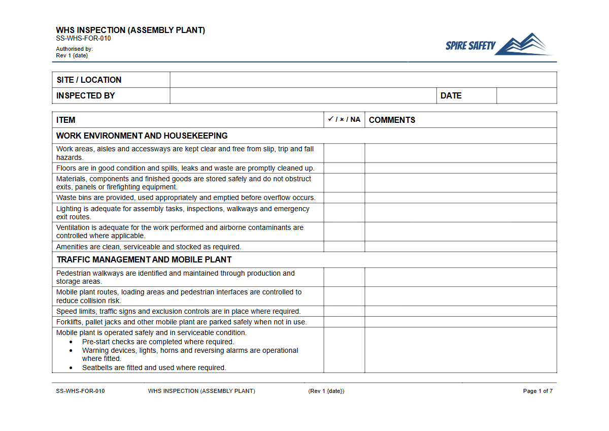 Free WHS Inspection (Assembly Plant) Template — document preview