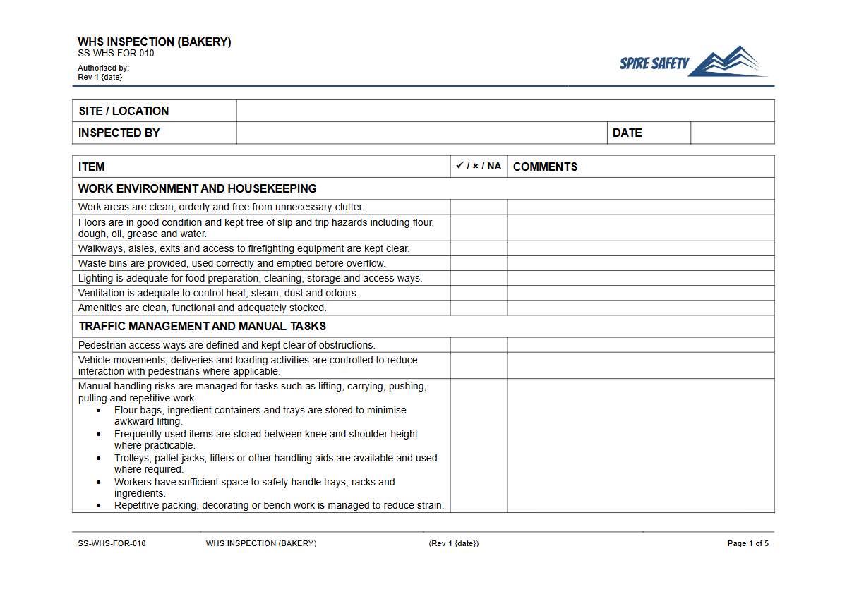 Free WHS Inspection (Bakery) Template — document preview