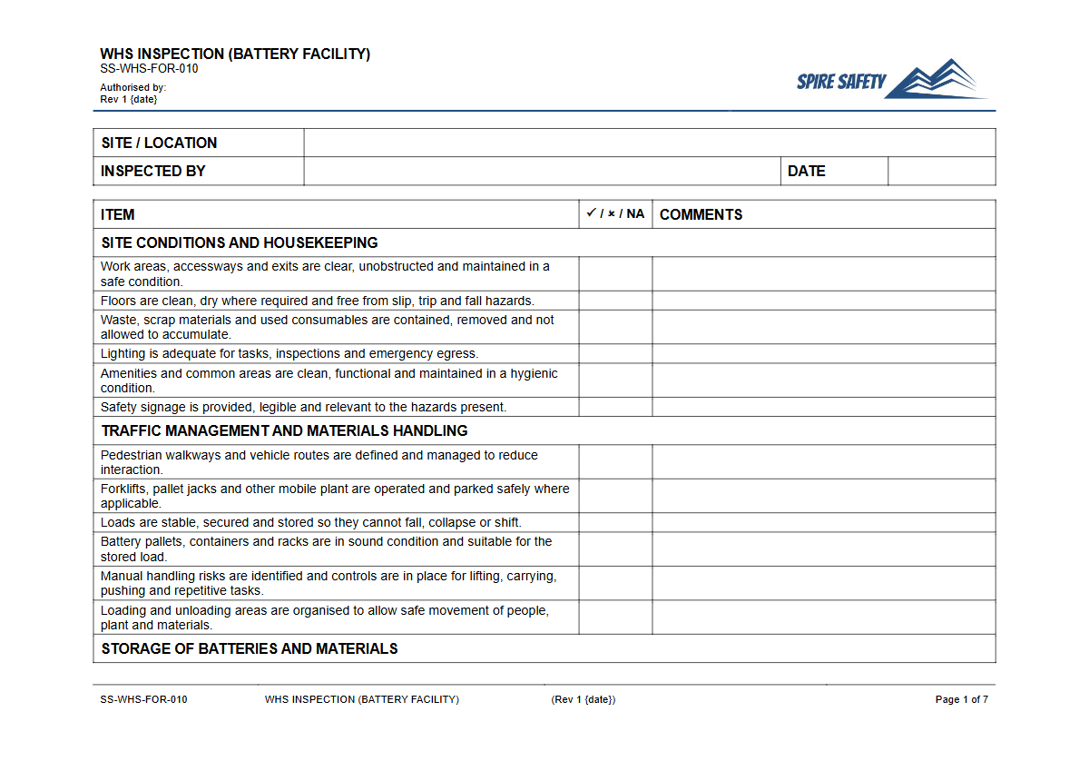 Free WHS Inspection (Battery Facility) Template — document preview