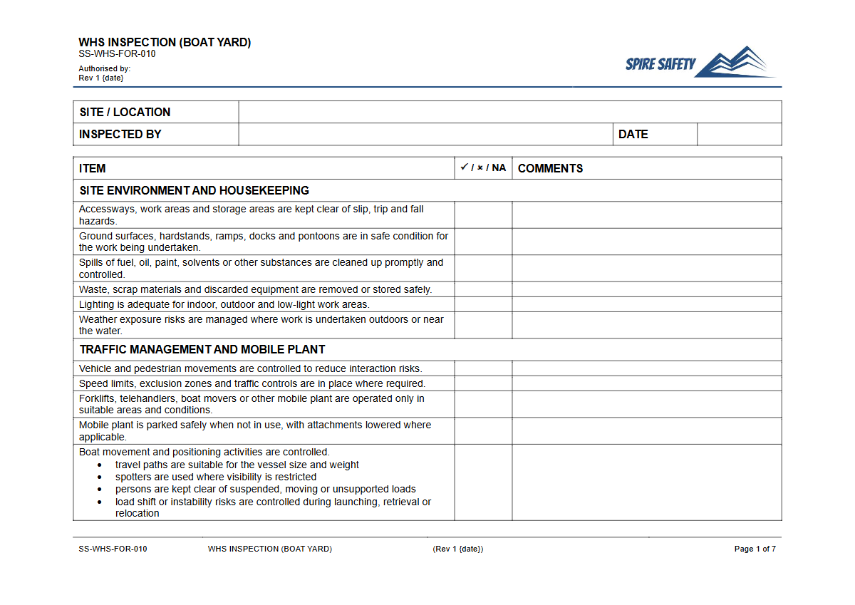 Free WHS Inspection (Boat Yard) Template — document preview