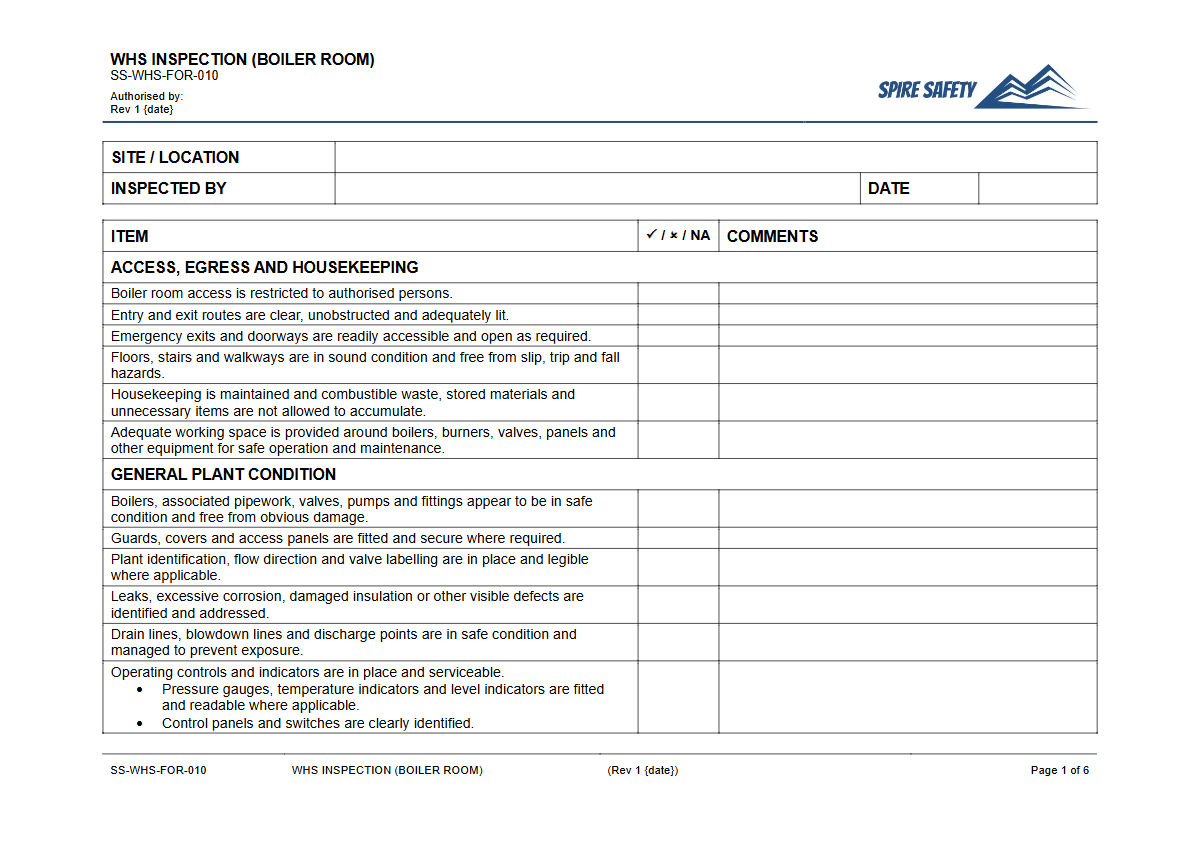 Free WHS Inspection (Boiler Room) Template — document preview