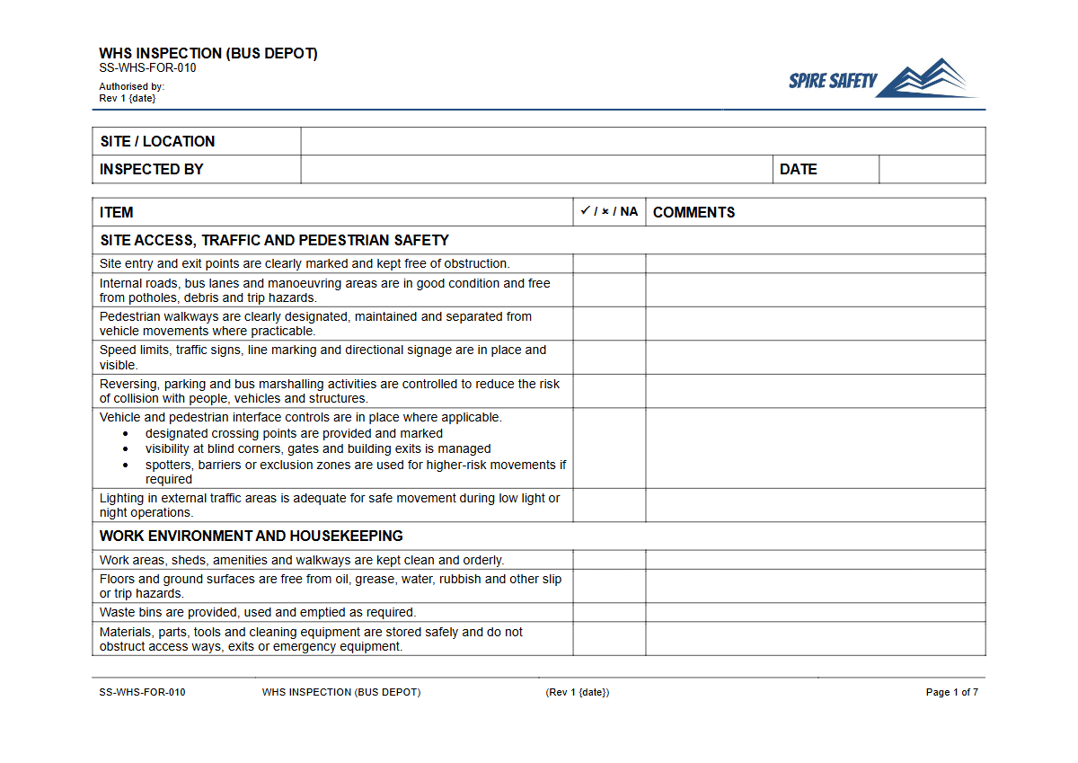 Free WHS Inspection (Bus Depot) Template — document preview