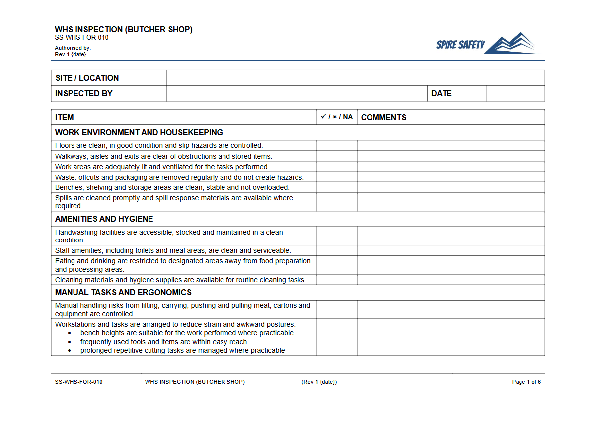 Free WHS Inspection (Butcher Shop) Template — document preview