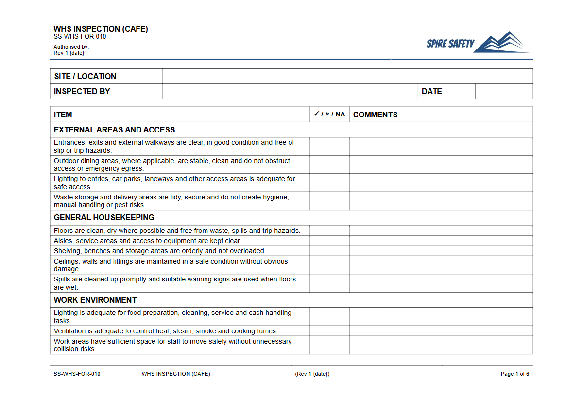 Free WHS Inspection (Cafe) Template — document preview