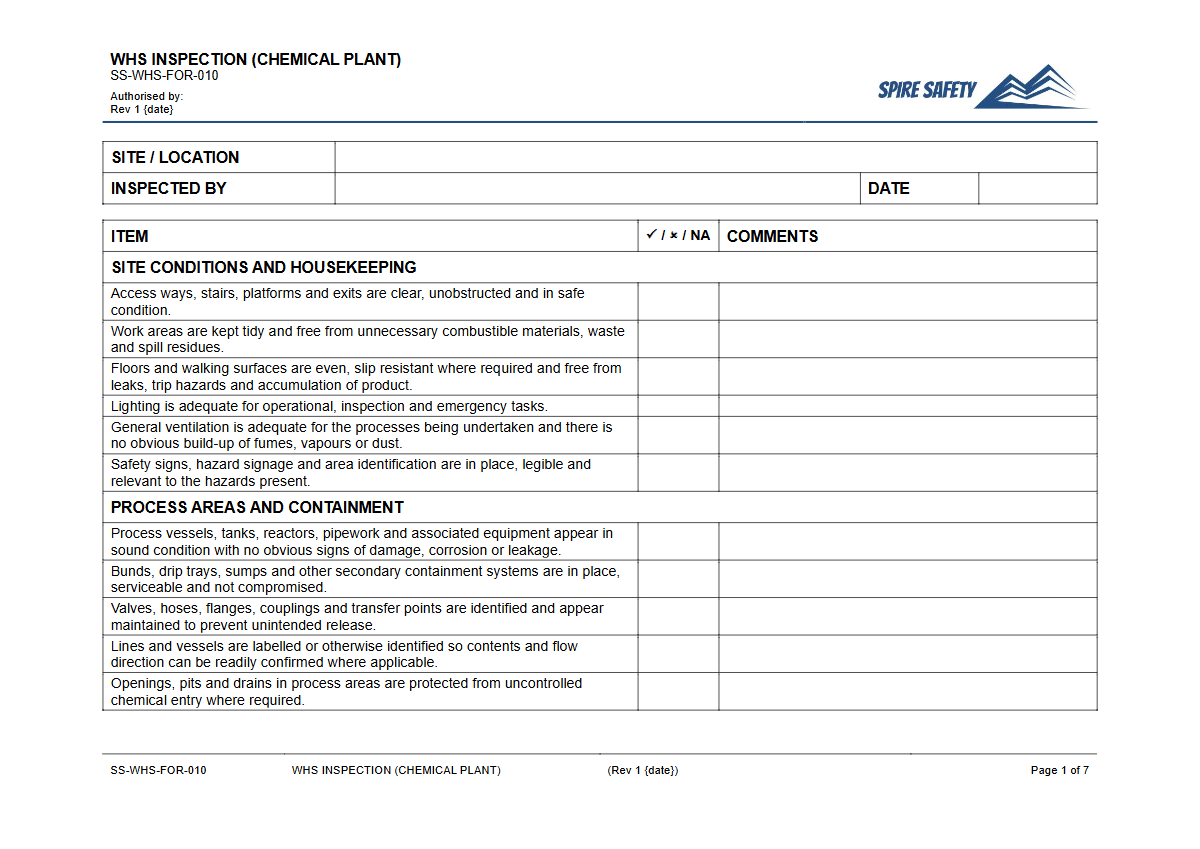 Free WHS Inspection (Chemical Plant) Template — document preview