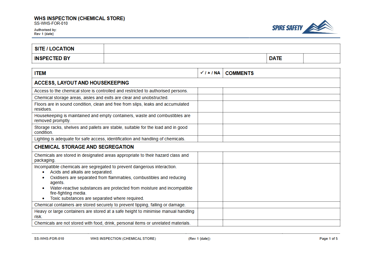 Free WHS Inspection (Chemical Store) Template — document preview