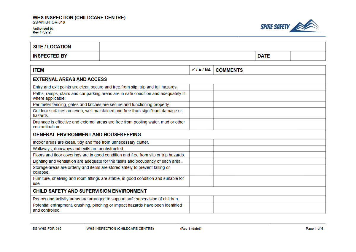 Free WHS Inspection (Childcare Centre) Template — document preview