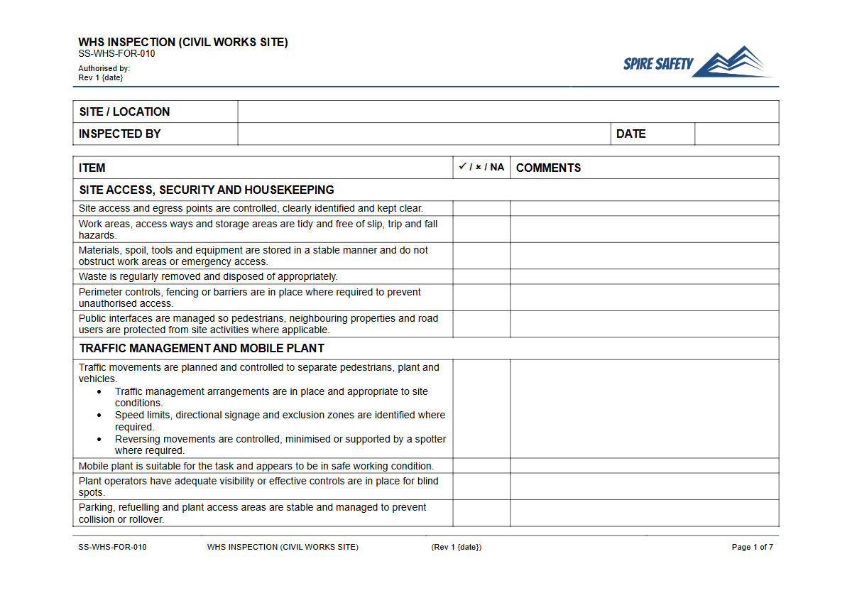 Free WHS Inspection (Civil Works Site) Template — document preview