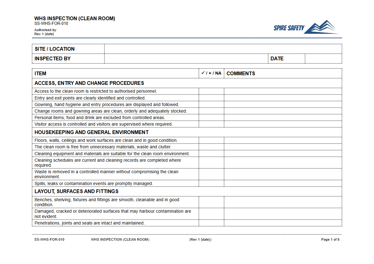 Free WHS Inspection (Clean Room) Template — document preview