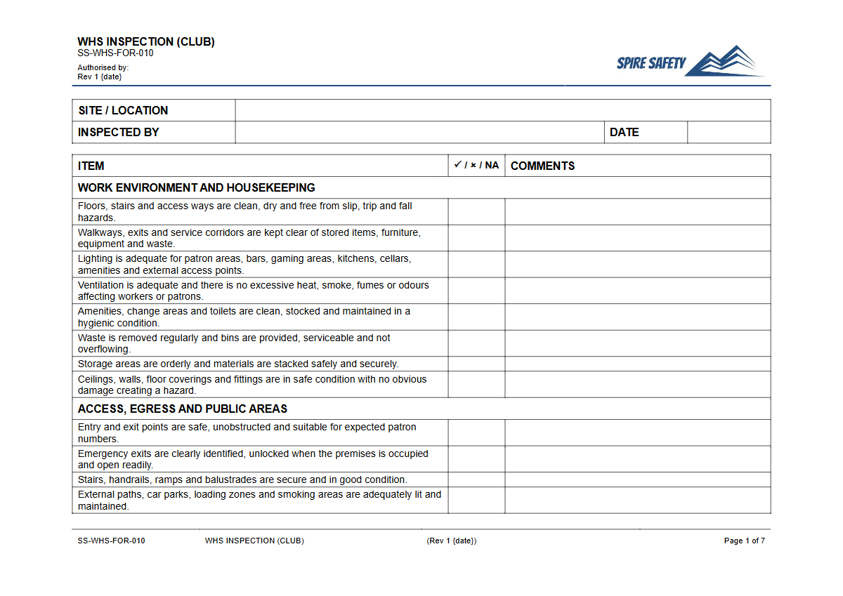 Free WHS Inspection (Club) Template — document preview