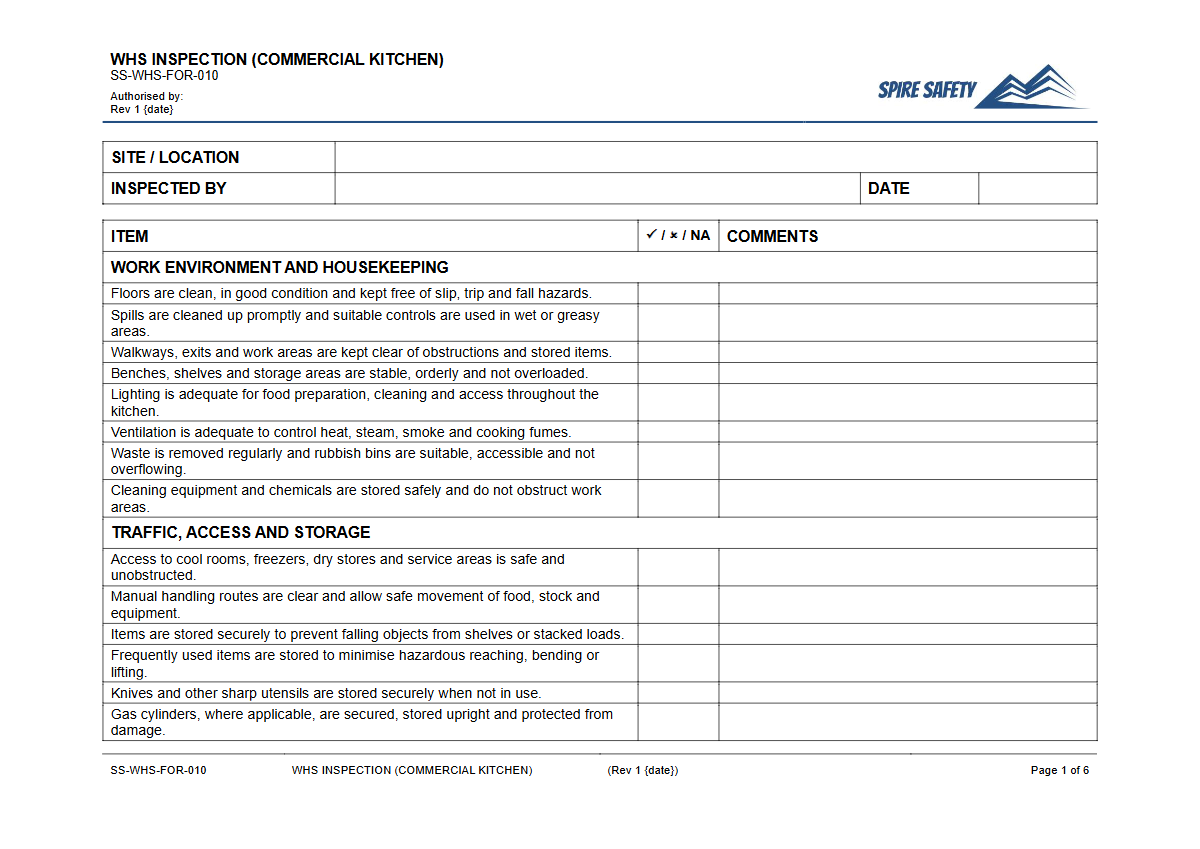 Free WHS Inspection (Commercial Kitchen) Template — document preview