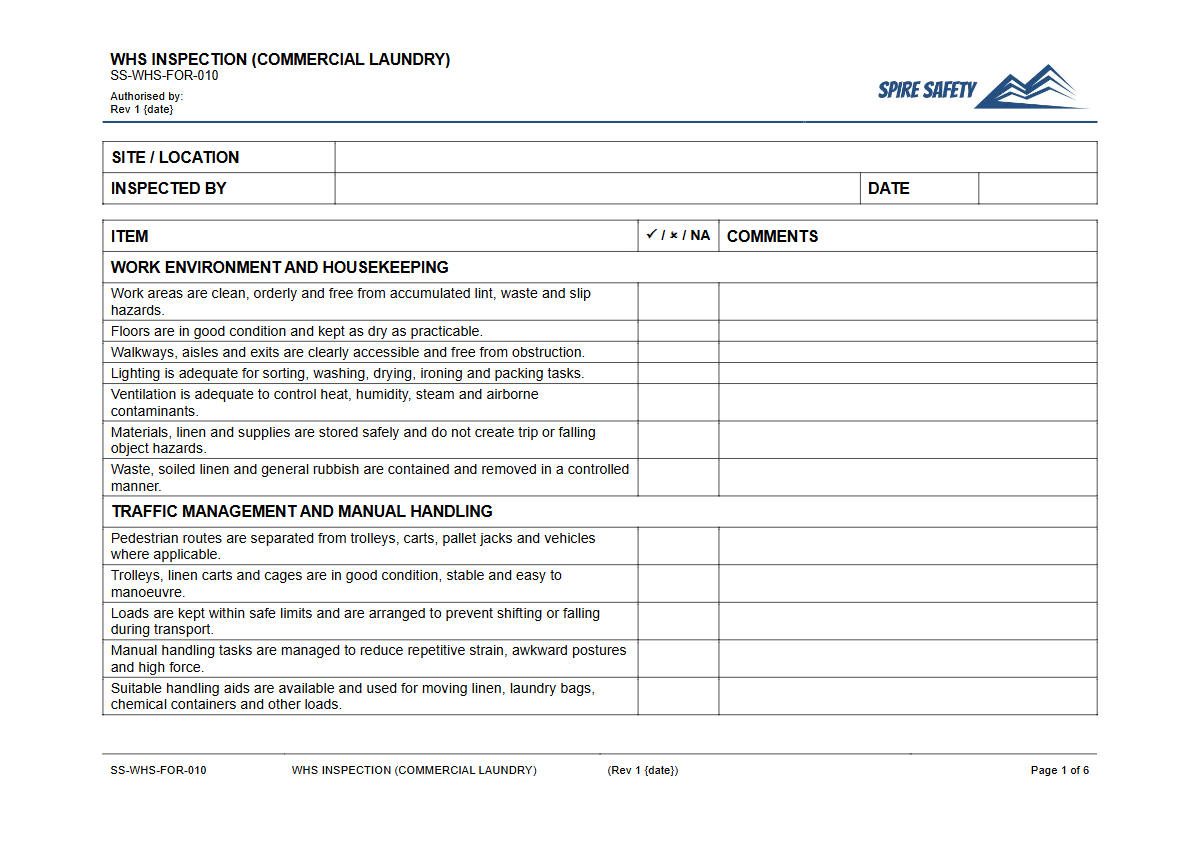 Free WHS Inspection (Commercial Laundry) Template — document preview