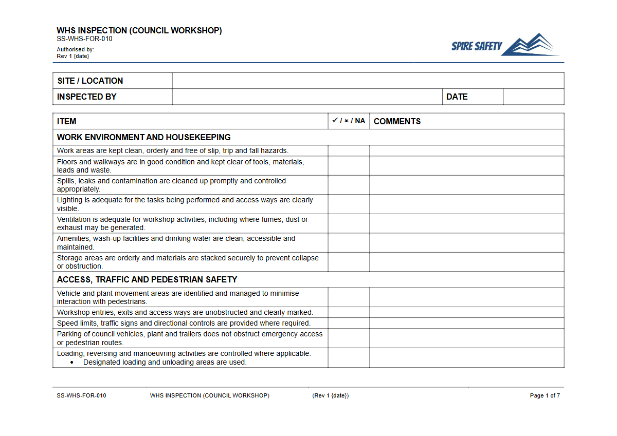 Free WHS Inspection (Council Workshop) Template — document preview