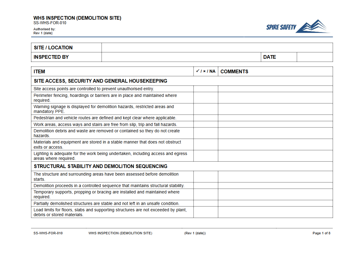 Free WHS Inspection (Demolition Site) Template — document preview