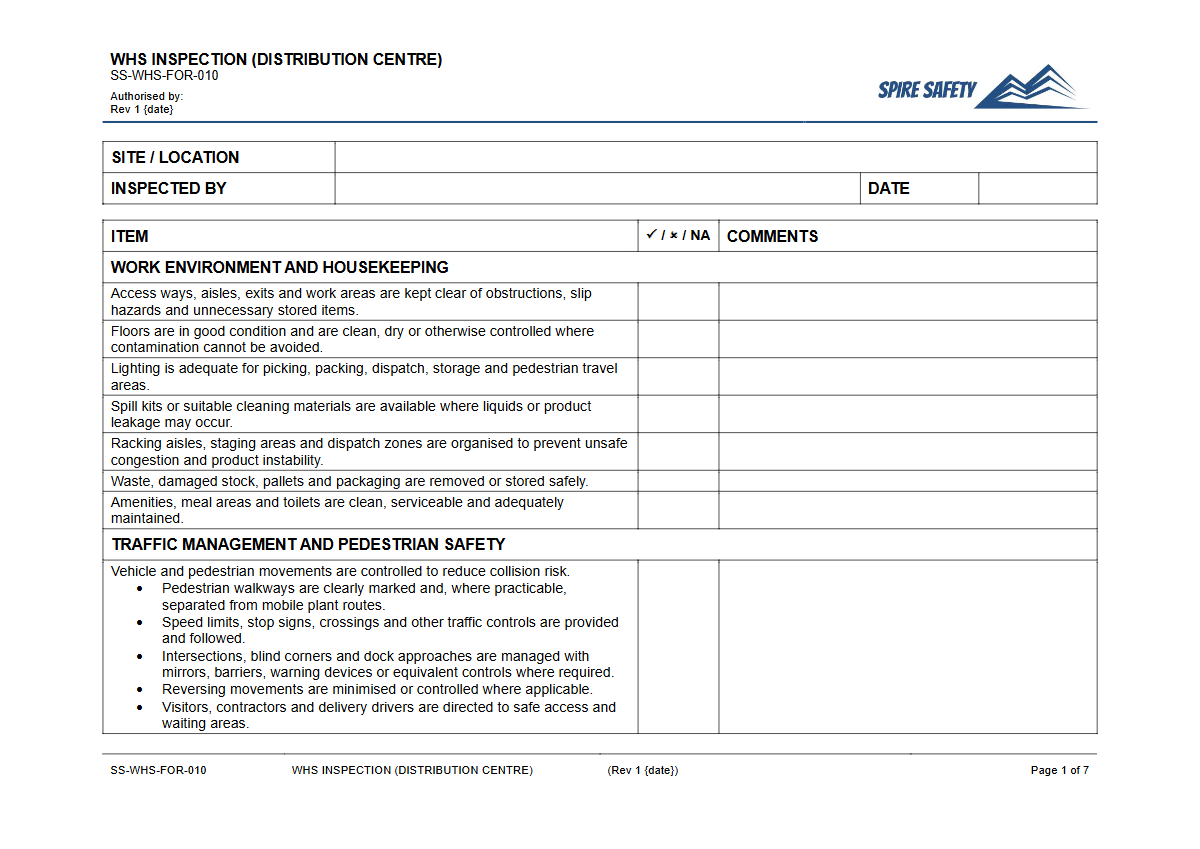 Free WHS Inspection (Distribution Centre) Template — document preview