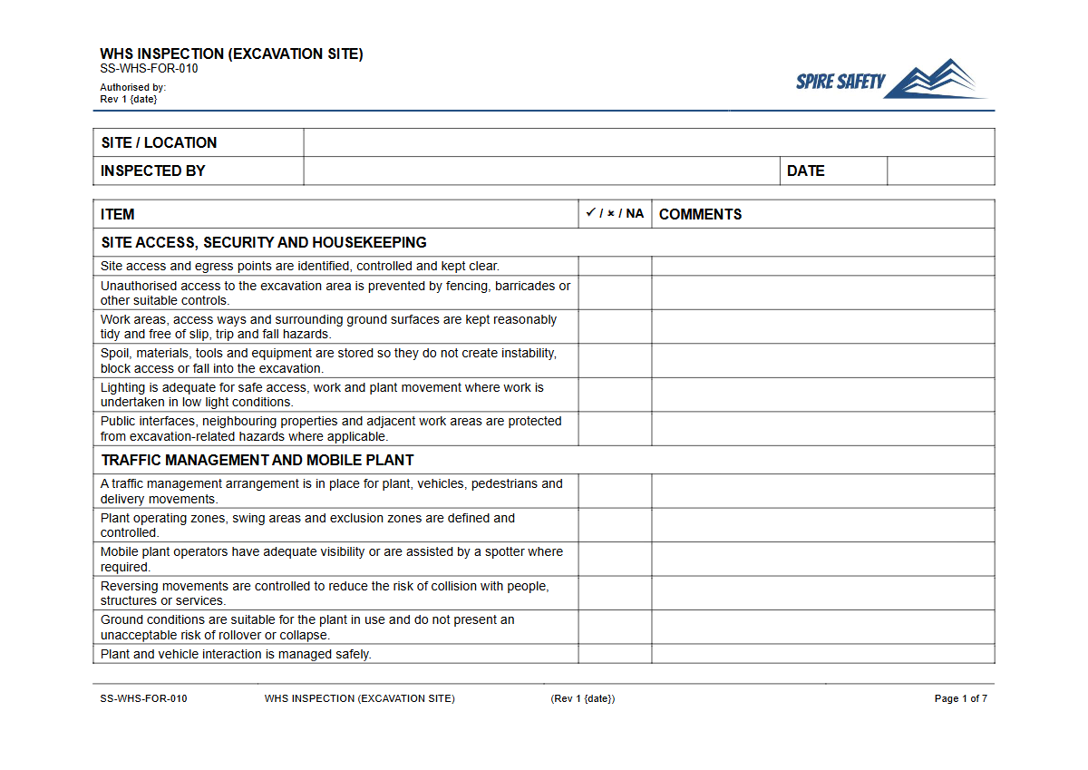 Free WHS Inspection (Excavation Site) Template — document preview