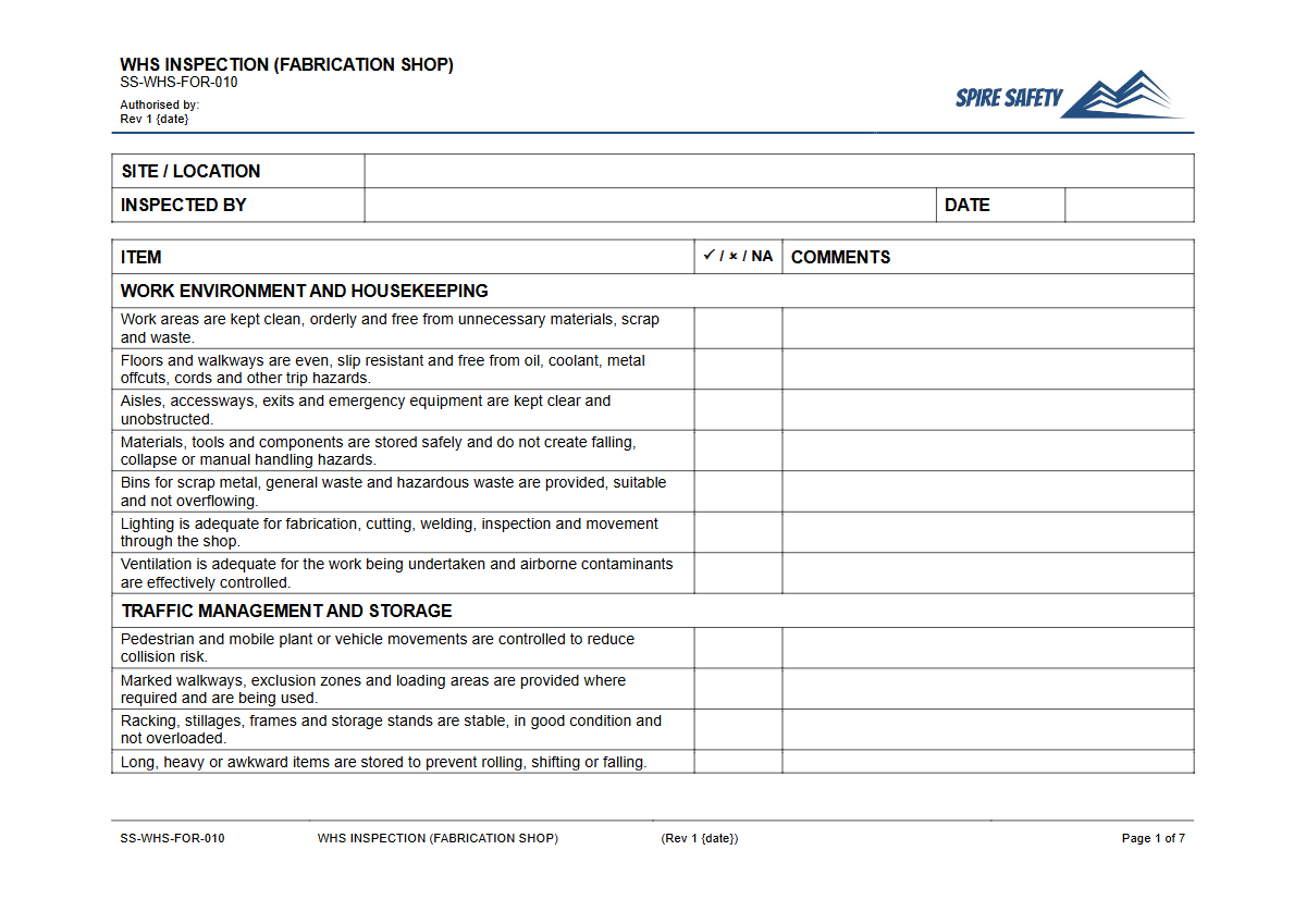 Free WHS Inspection (Fabrication Shop) Template — document preview