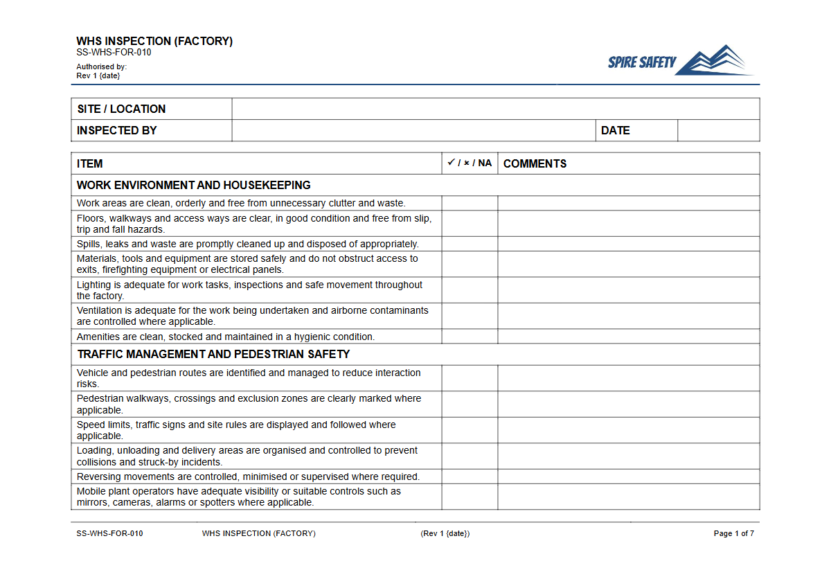 Free WHS Inspection (Factory) Template — document preview