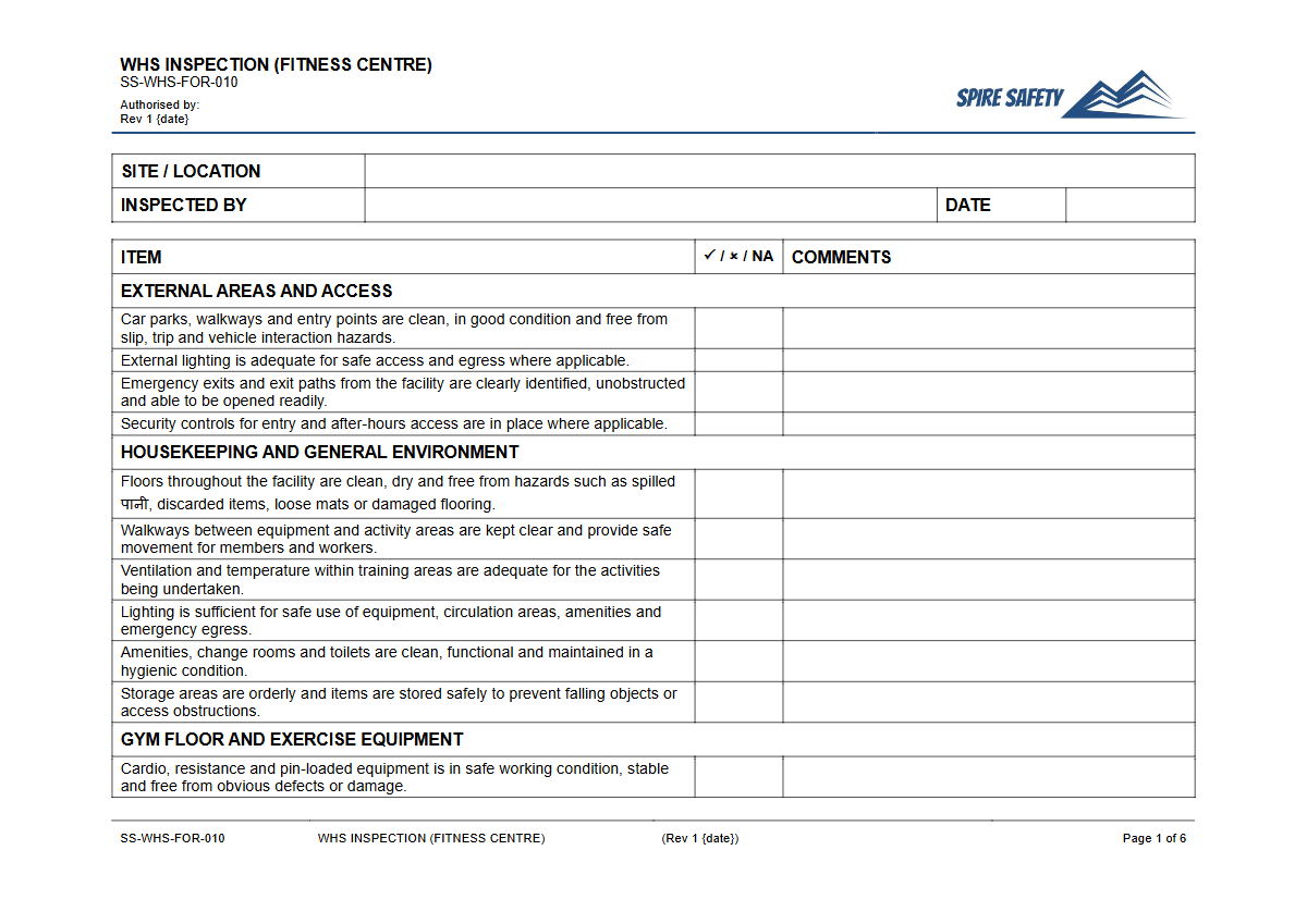 Free WHS Inspection (Fitness Centre) Template — document preview